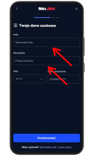 Wprowadzanie danych osobowych NetBet